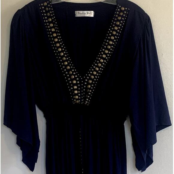 Back From Bali Blue V Neck with Embellishments Maxi Dress Short Sleeves Small - Picture 4 of 13